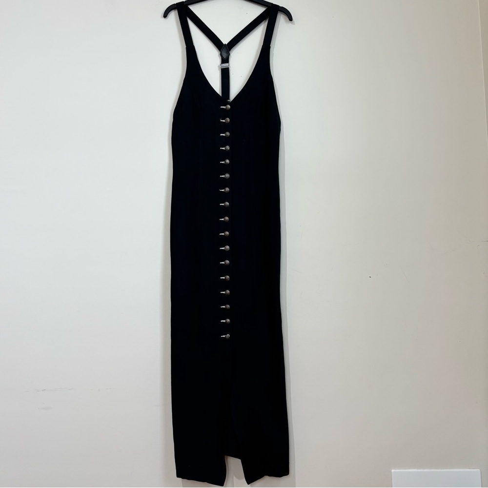 Karen Kane Vintage black wool button spaghetti strap back preppy maxi dress Sz 8